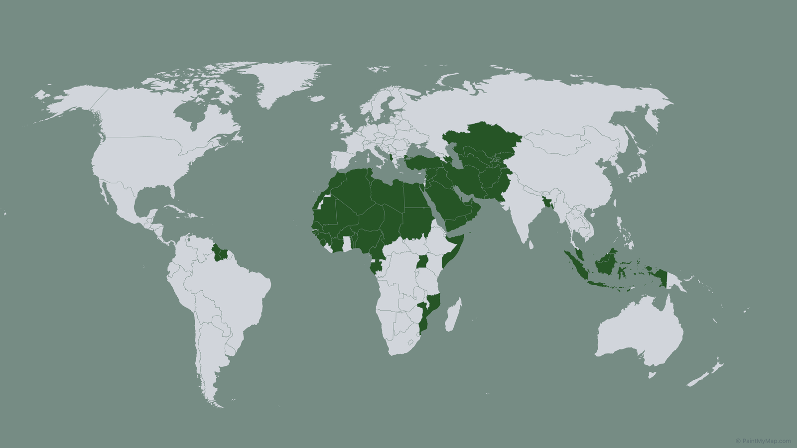 World map highlighting Organisation of Islamic Cooperation countries