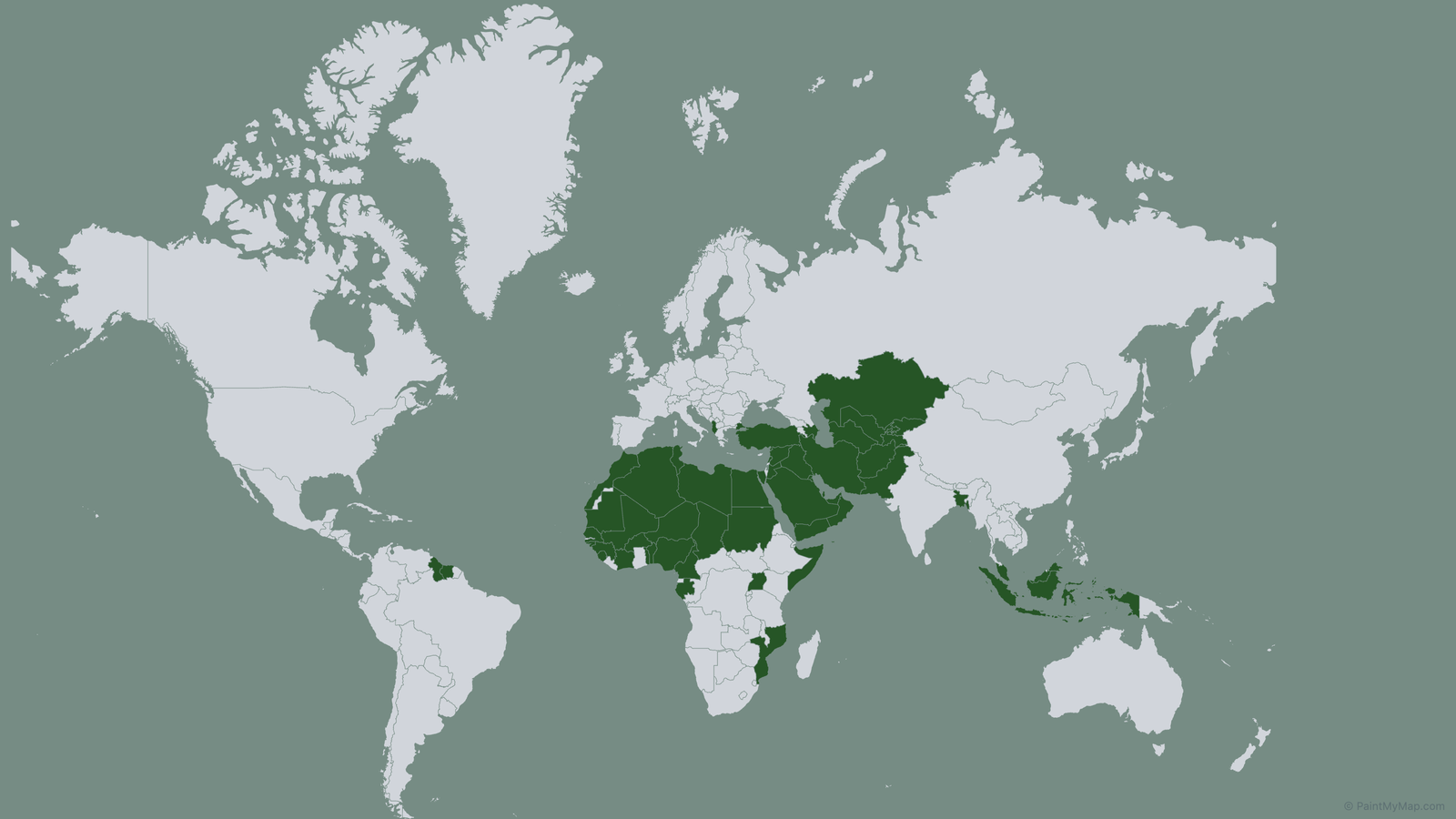 Mercator projection map of Organisation of Islamic Cooperation members