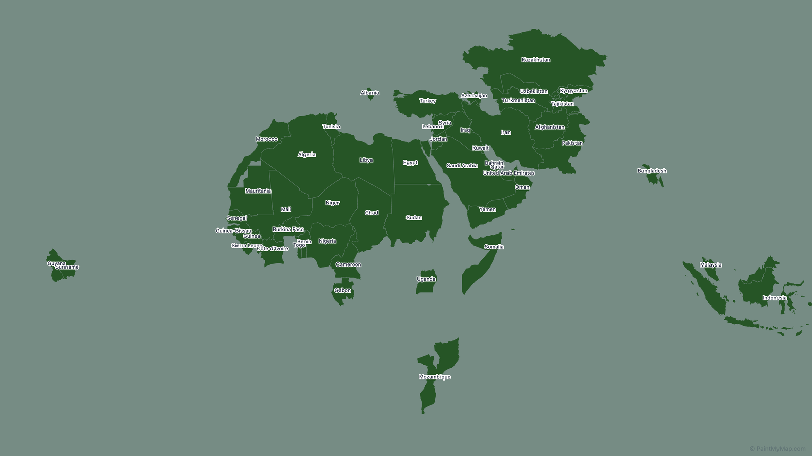 Simplified map showing only Organisation of Islamic Cooperation member countries